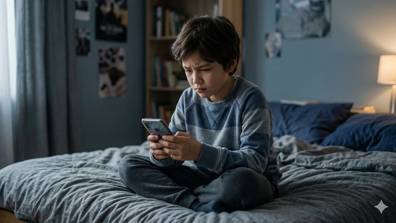 Kind schaut allein und besorgt auf sein Smartphone