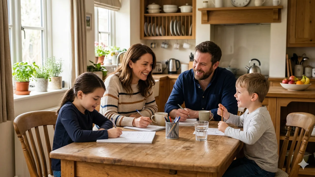 Familie sitzt am Küchentisch mit einem Notizbuch