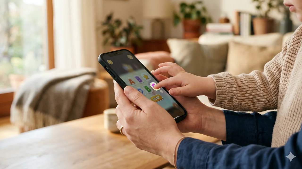 Erwachsene Hände zeigen einem Kind ein Smartphone
