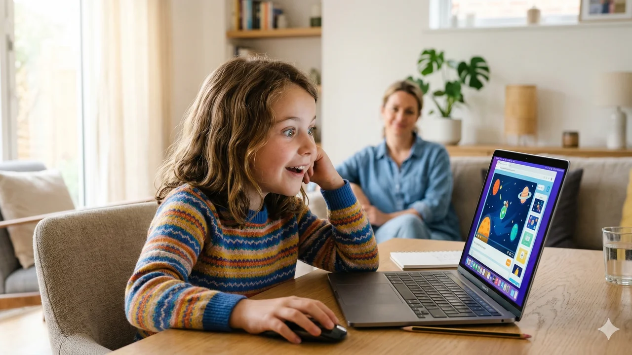 Kind sitzt staunend am Laptop, ein Elternteil im Hintergrund