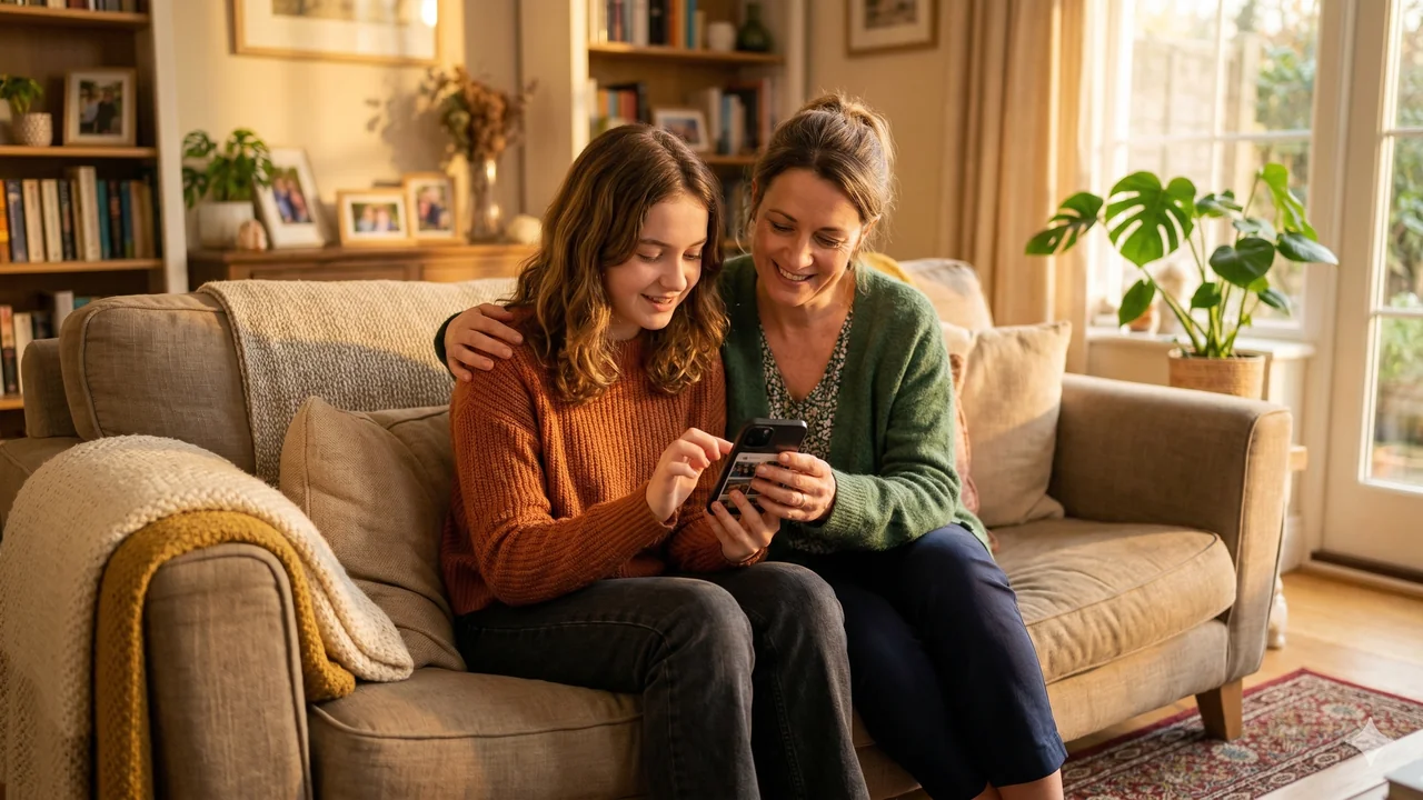 Teenager und Mutter schauen gemeinsam auf ein Smartphone